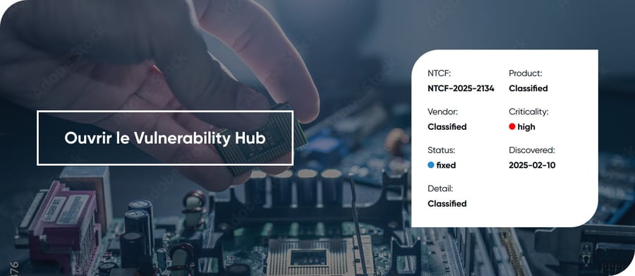 Bannière du NTC Vulnerability Hub montrant un gros plan travaillant sur une carte électronique